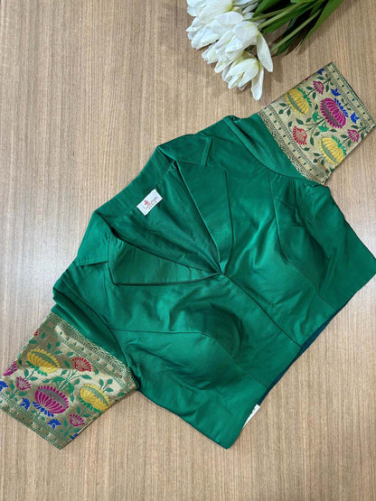 Stunning Green Plain Silk Padded Blouse With Paithani Border - Luxurion World