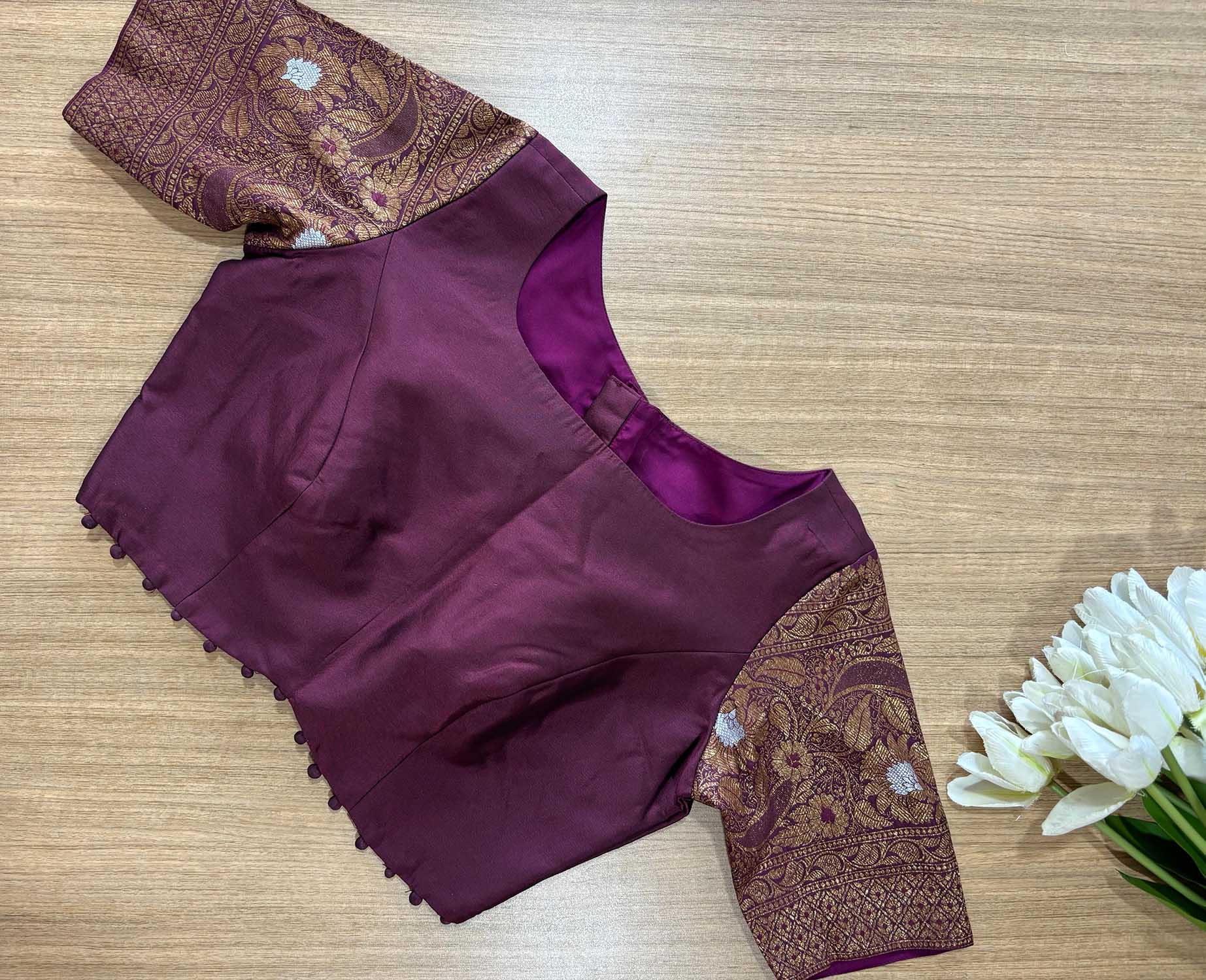 Elegant Maroon Plain Silk Non Padded Blouse With Banarasi Border - Luxurion World