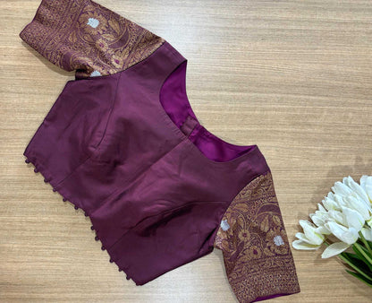 Elegant Maroon Plain Silk Non Padded Blouse With Banarasi Border - Luxurion World