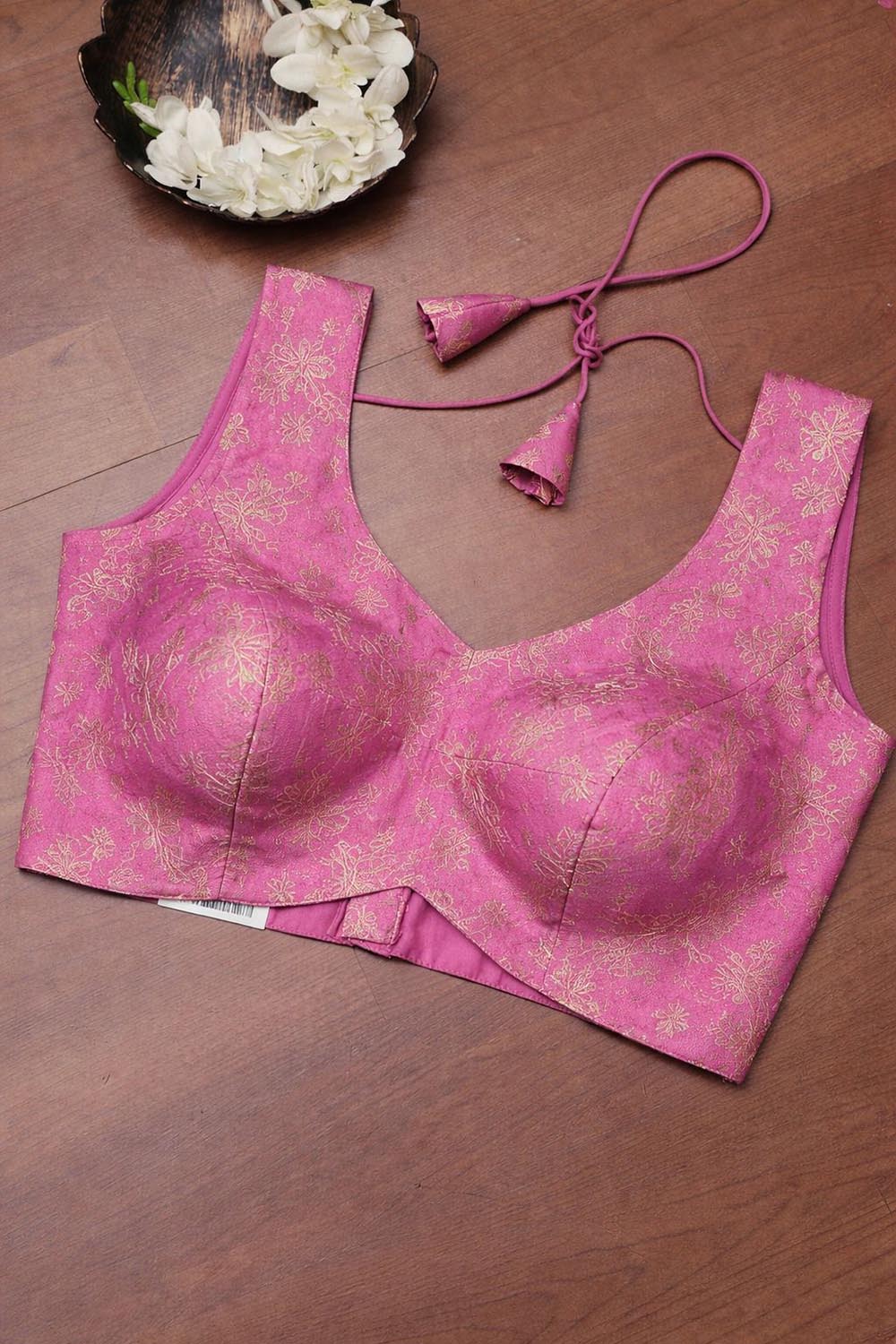 Pink Banarasi Silk Flower Design Padded Blouse - Luxurion World