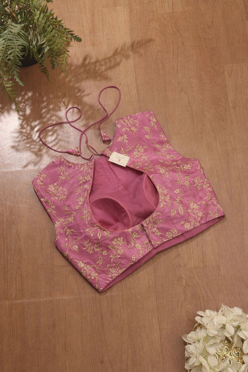 Pink Banarasi Silk Flower Design Padded Blouse - Luxurion World