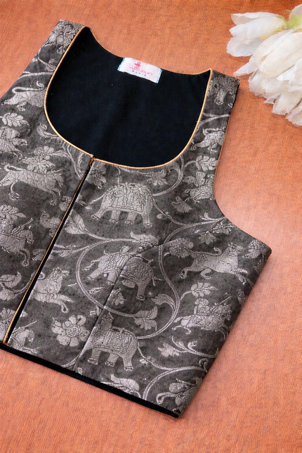 Black Banarasi Silk Animal And Flower Design Blouse - Luxurion World