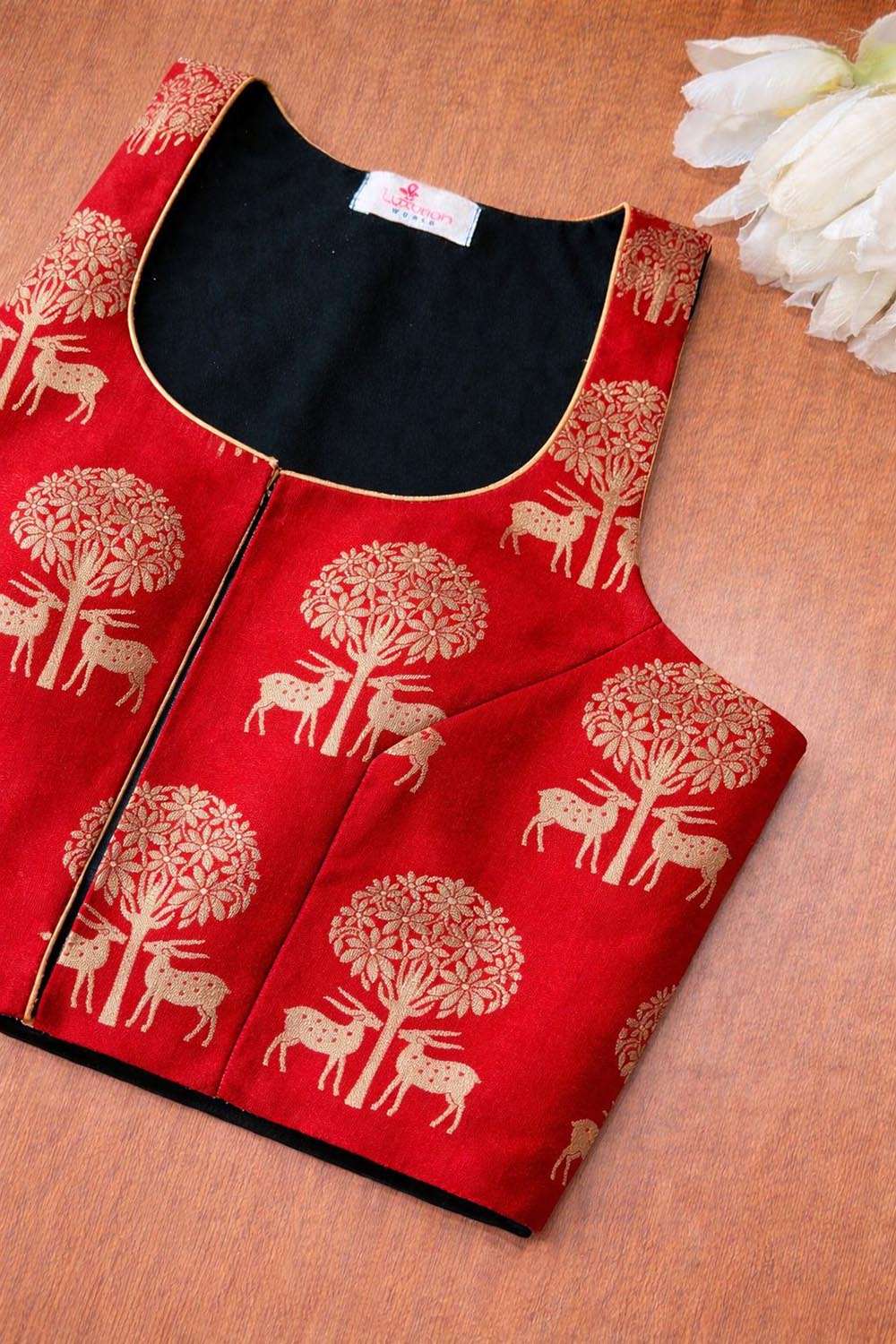 Red Banarasi Silk Deer Design Blouse - Luxurion World