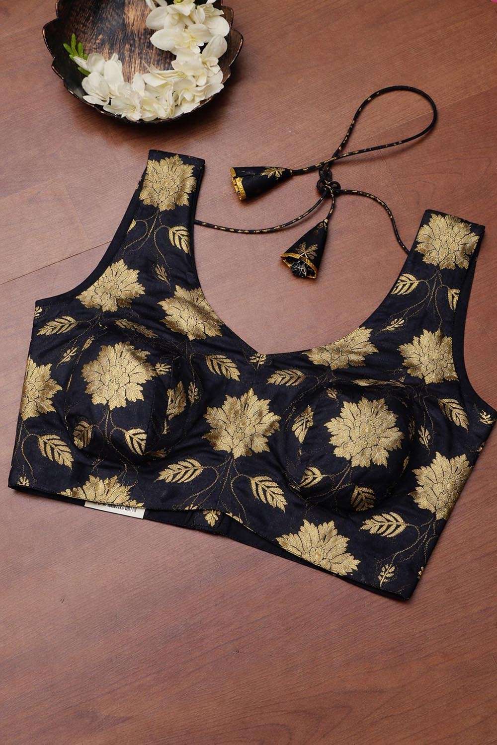 Black Banarasi Silk Flower Design Padded Blouse - Luxurion World