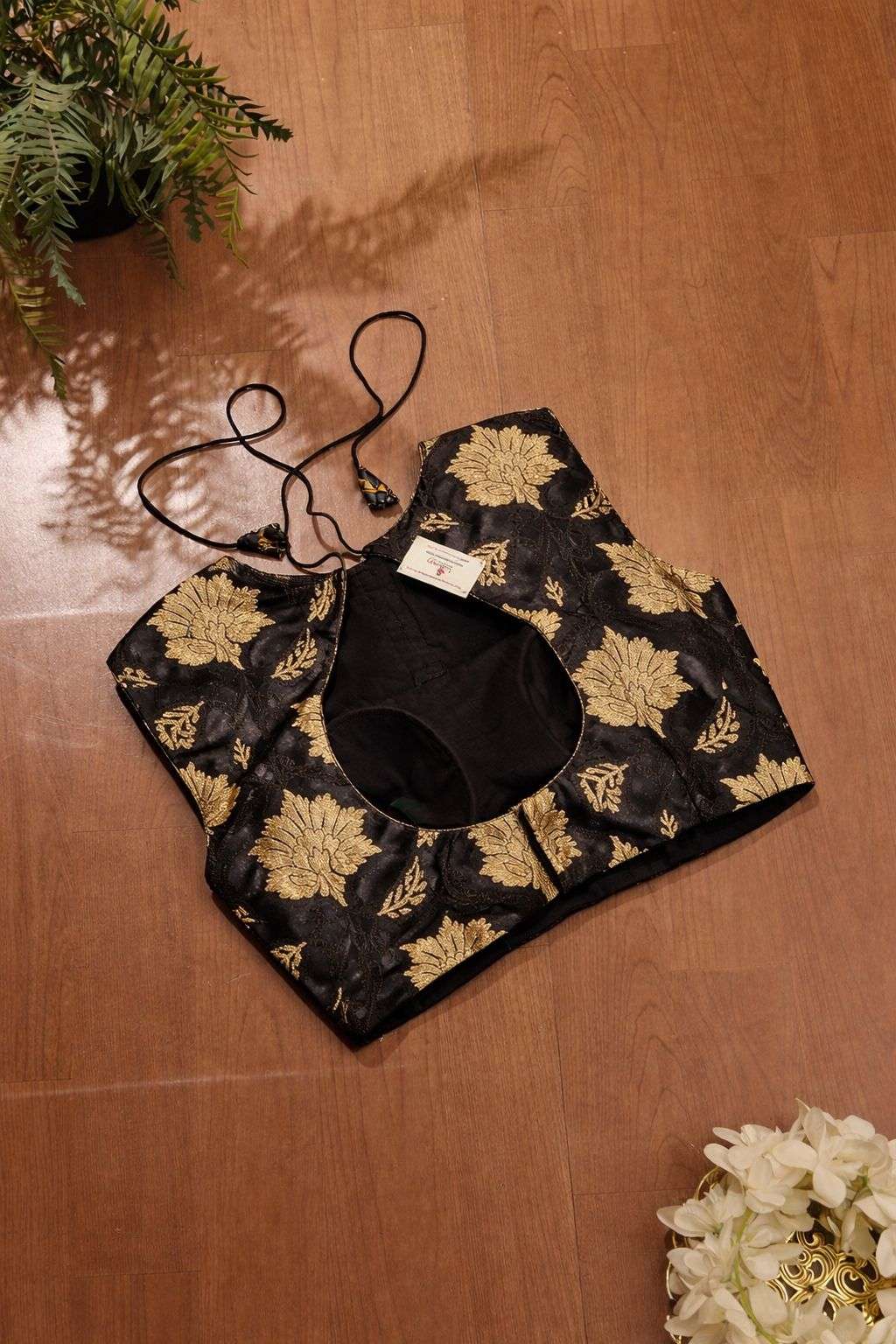 Black Banarasi Silk Flower Design Padded Blouse - Luxurion World