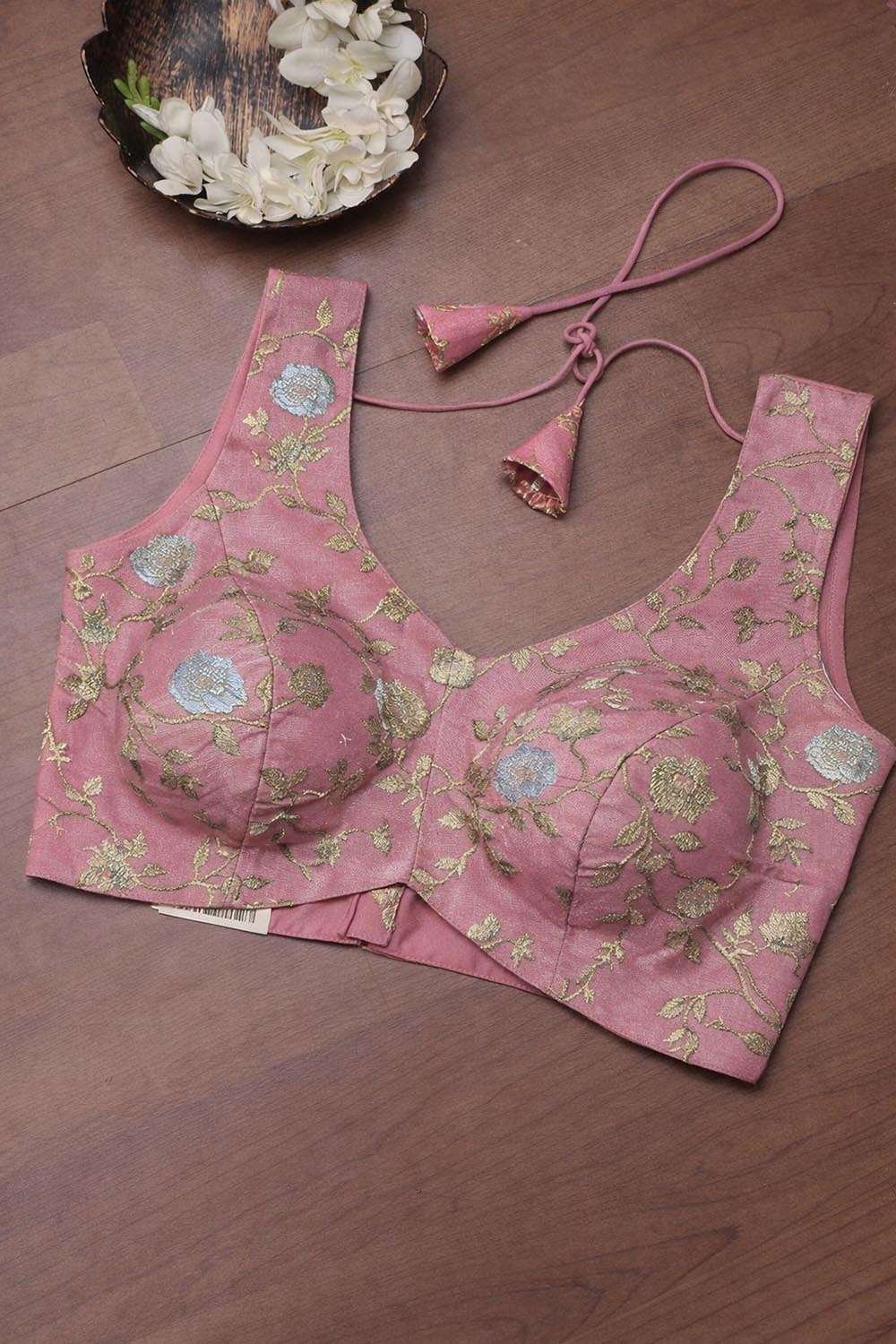 Pink Banarasi Silk Small Sona Roopa Flower Design Padded Blouse - Luxurion World