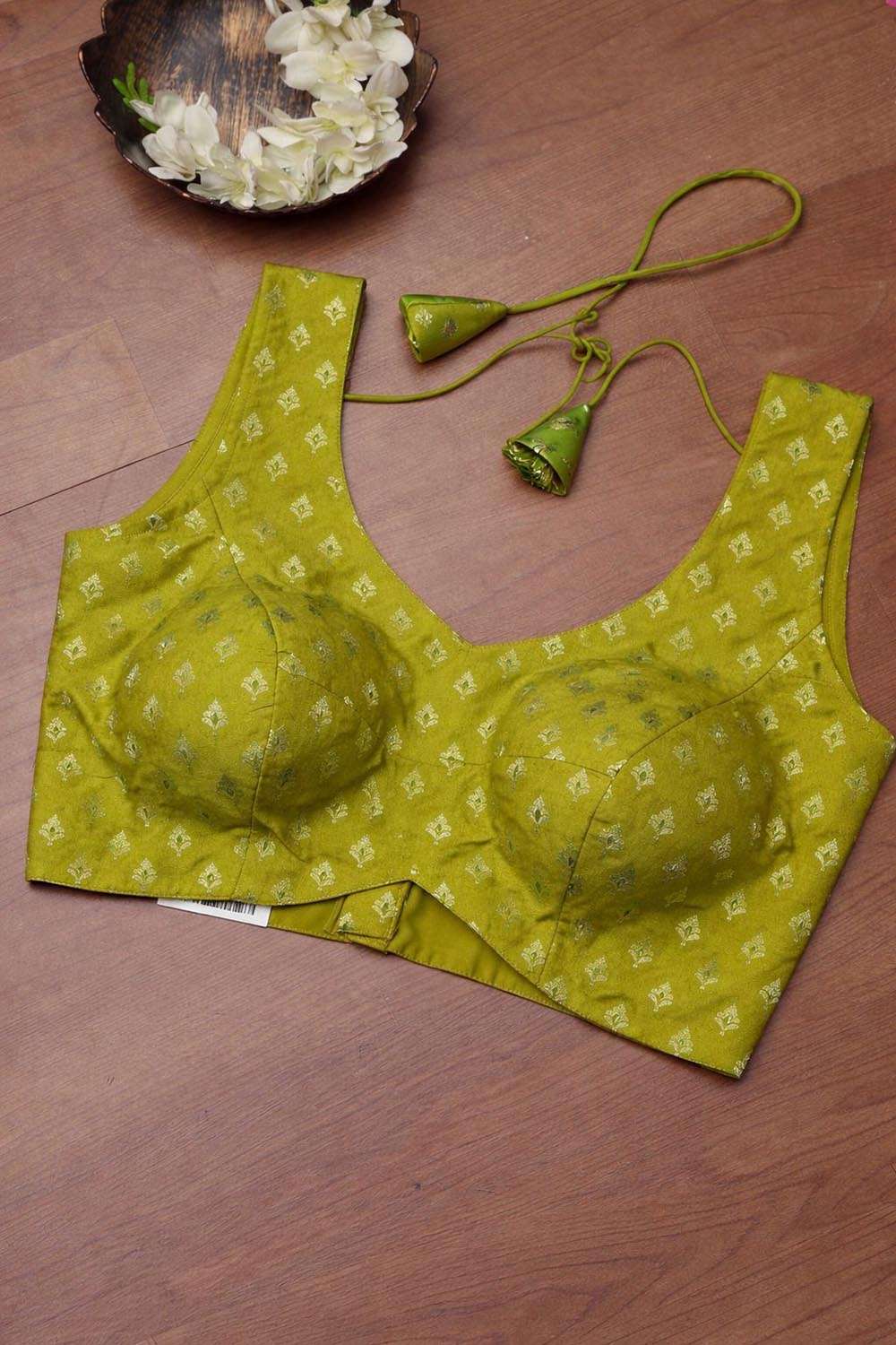 Green Banarasi Silk Small Booti Design Padded Blouse - Luxurion World
