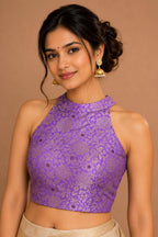 Purple Handloom Banarasi Pure Katan Silk Brocade Meenakari Double Zari Halter Neck Blouse