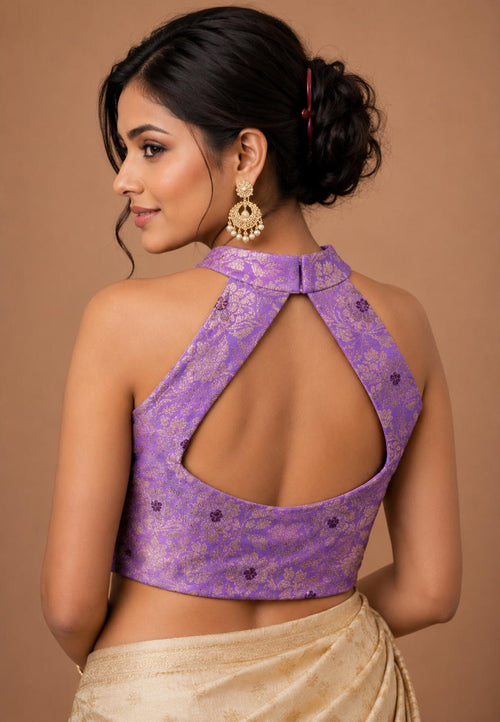 Purple Handloom Banarasi Pure Katan Silk Brocade Meenakari Double Zari Halter Neck Blouse IB1B126062502