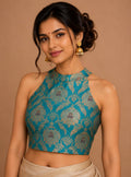Blue Banarasi Katan Silk Halter Neck Blouse — Handloom, Festive & Bridal