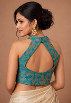 Blue Banarasi Katan Silk Halter Neck Blouse — Handloom, Festive & Bridal