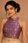 Purple Banarasi Katan Silk Brocade Double Zari Halter Neck Blouse — Bridal