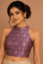 Purple Banarasi Katan Silk Brocade Double Zari Halter Neck Blouse — Bridal