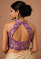 Purple Banarasi Katan Silk Brocade Double Zari Halter Neck Blouse — Bridal
