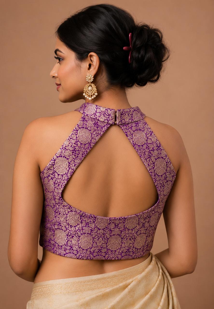 Purple Banarasi Katan Silk Brocade Double Zari Halter Neck Blouse — Bridal