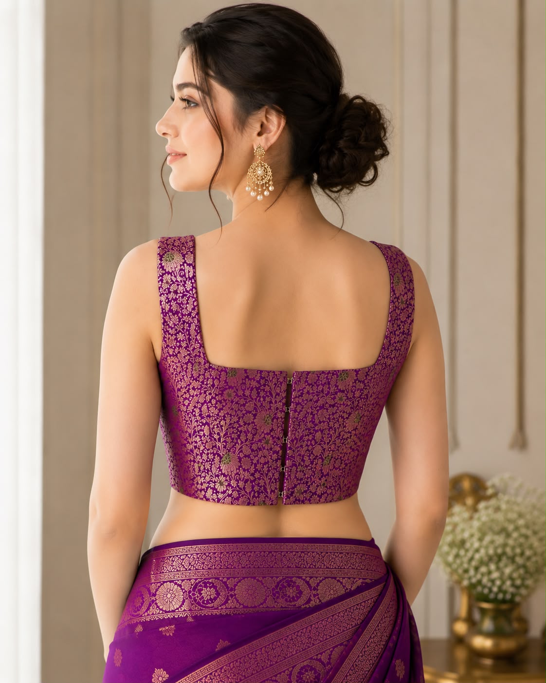 IB1B126071001 Purple Handloom Banarasi Silk Flower Design Meenakari Blouse