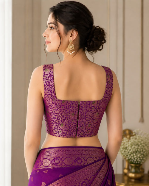 IB1B126071001 Purple Handloom Banarasi Silk Flower Design Meenakari Blouse