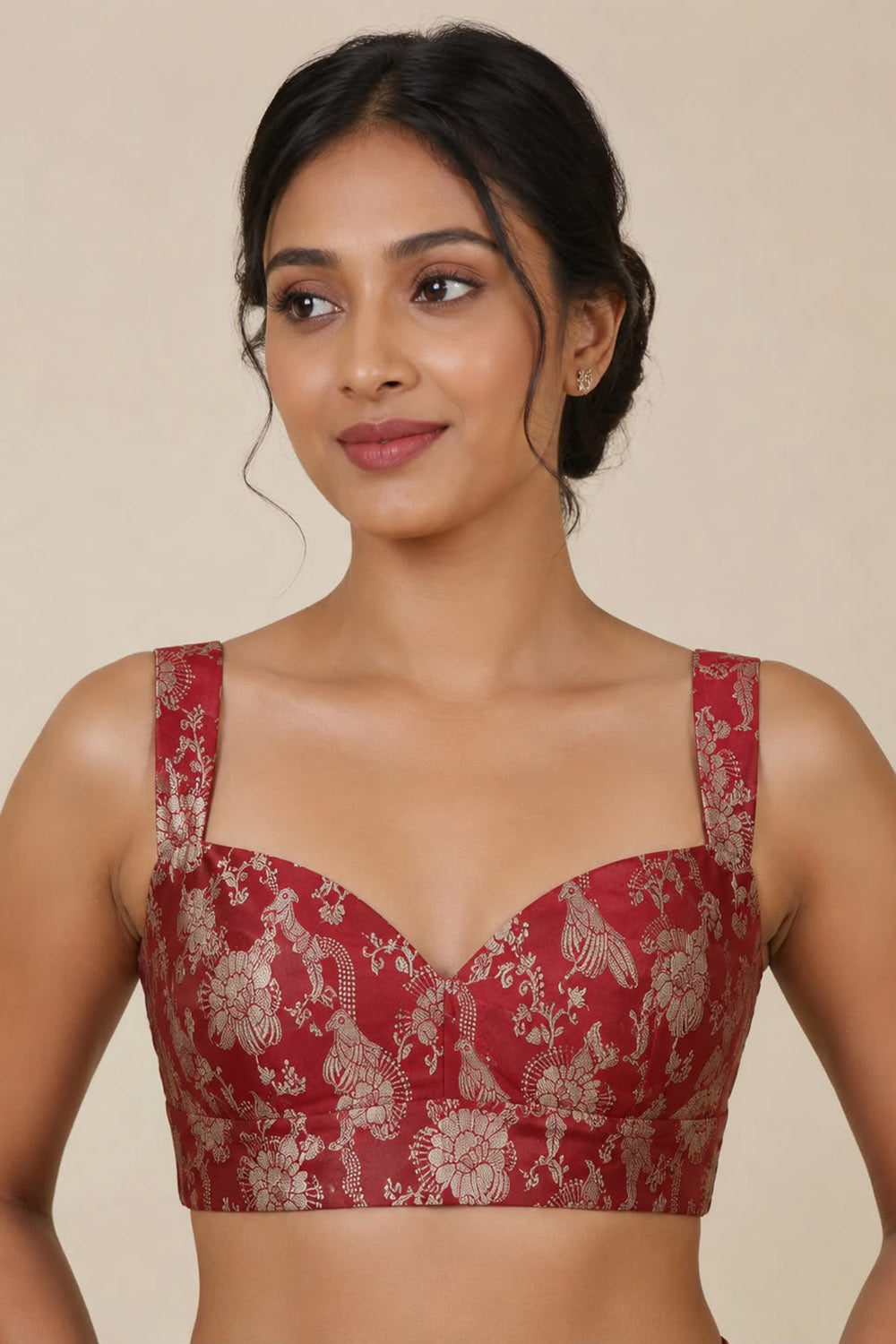 IB1B126071002 Maroon Banarasi Mashru Silk Flower And Bird Design Blouse