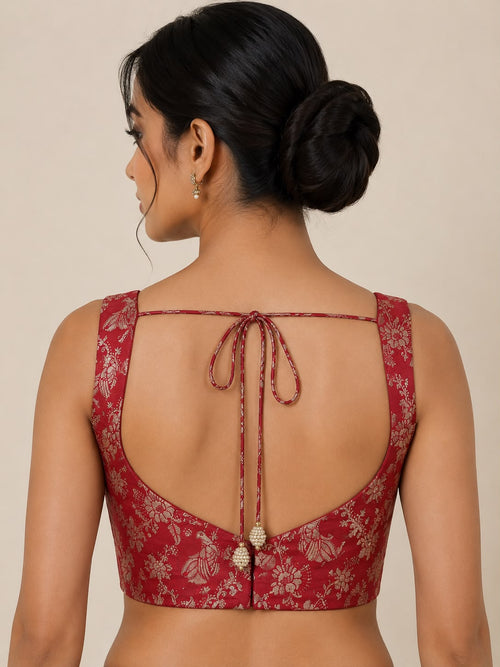 IB1B126071002 Maroon Banarasi Mashru Silk Flower And Bird Design Blouse