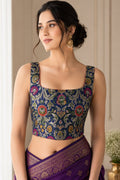 Blue Banarasi Kimkhwab Silk Blouse — Meenakari Flower, Bridal