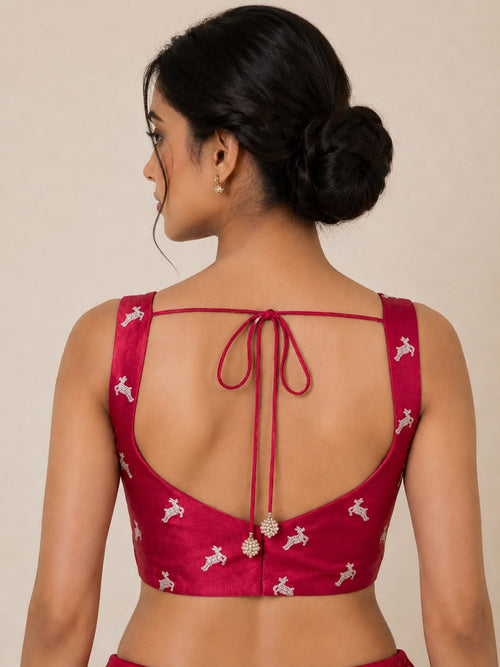IB1B126071101  Maroon Banarasi Mashru Silk Deer Design Blouse