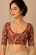Burnt Orange Banarasi Mashru Silk Blouse — Flower & Bird Design, Festive Wear