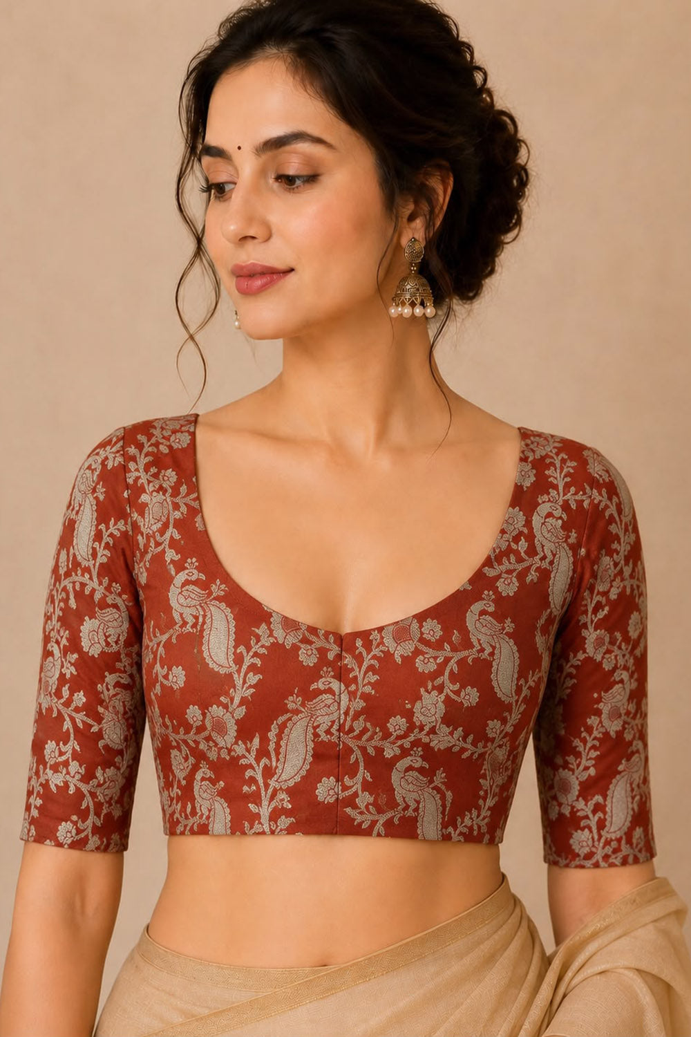 Burnt Orange Banarasi Mashru Silk Blouse — Flower & Bird Design, Festive Wear