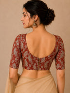 Burnt Orange Banarasi Mashru Silk Blouse — Flower & Bird Design, Festive Wear