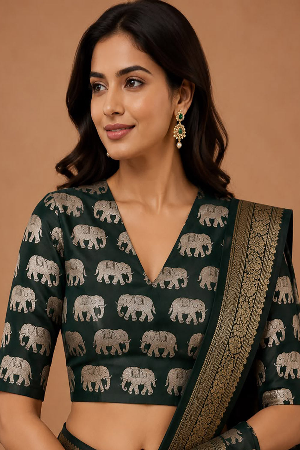 Green Banarasi Silk Blouse — Elephant Design, Sona Roopa, Festive Wear