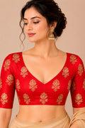 Red Handloom Banarasi Silk Blouse — Flower Design, Festive Wear