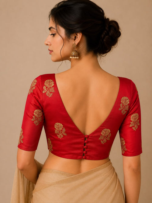 IB1B126071105 Red Handloom Banarasi Silk Flower Design Blouse