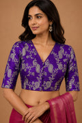 Purple Banarasi Mashru Silk Blouse — Peacock & Flower Design, Festive Wear