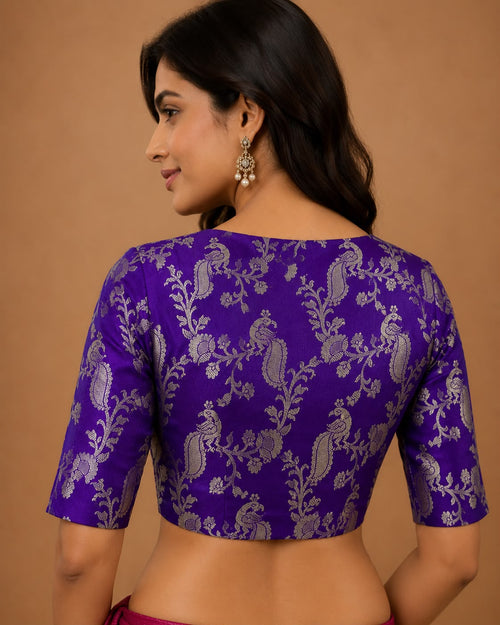 IB1B126071106 Purple Banarasi Mashru Silk Peacock And Flower Design Blouse