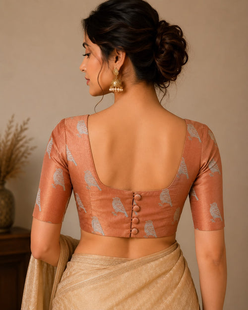 Peach Banarasi Mashru Silk Blouse — Bird Design, Festive Wear