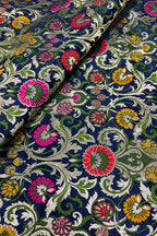 Blue Banarasi Kimkhwab Silk Fabric Meenakari Flower Bridal 1 Mtr
