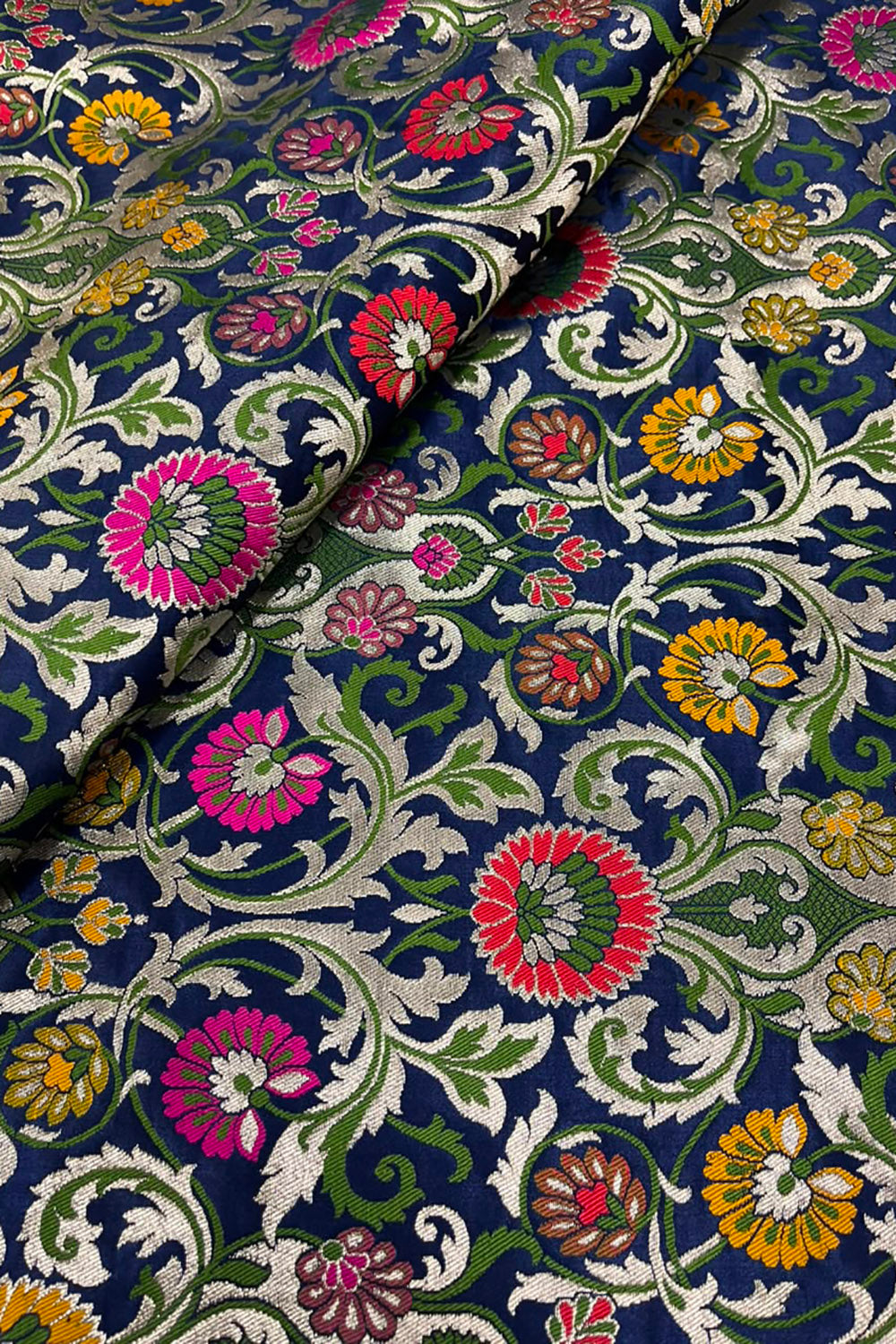 Blue Banarasi Kimkhwab Silk Fabric Meenakari Flower Bridal 1 Mtr