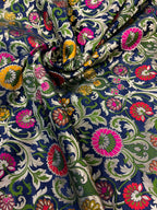 Blue Banarasi Kimkhwab Silk Fabric Meenakari Flower Bridal 1 Mtr