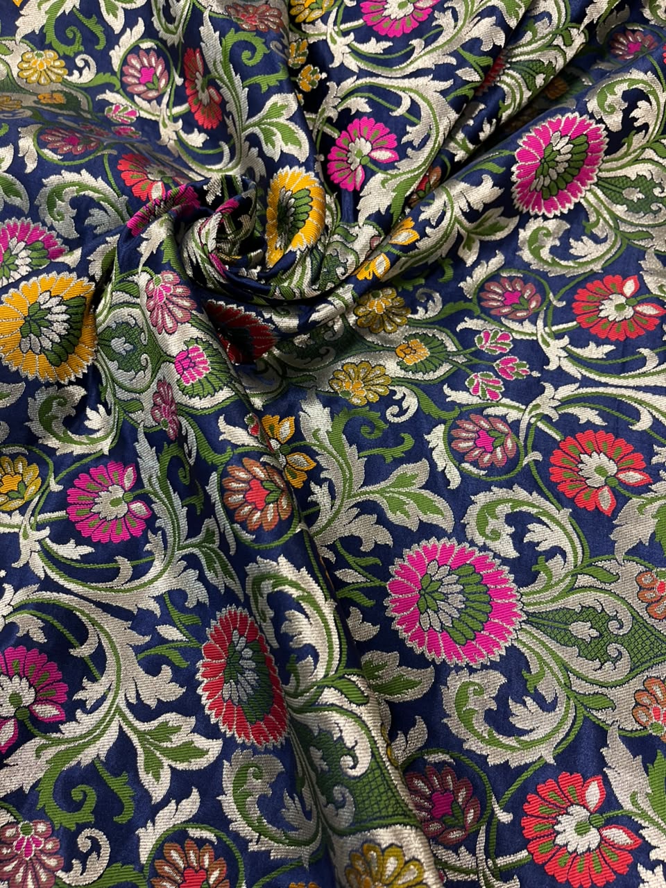 Blue Banarasi Kimkhwab Silk Fabric Meenakari Flower Bridal 1 Mtr