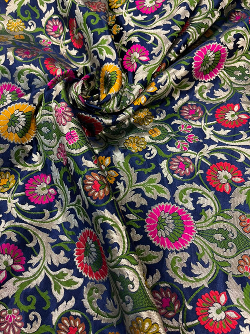 Blue Banarasi Kimkhwab Silk Fabric Meenakari Flower Bridal 1 Mtr