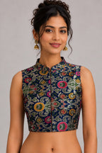 Blue Banarasi Kimkhwab Silk Blouse Meenakari Flower Bridal