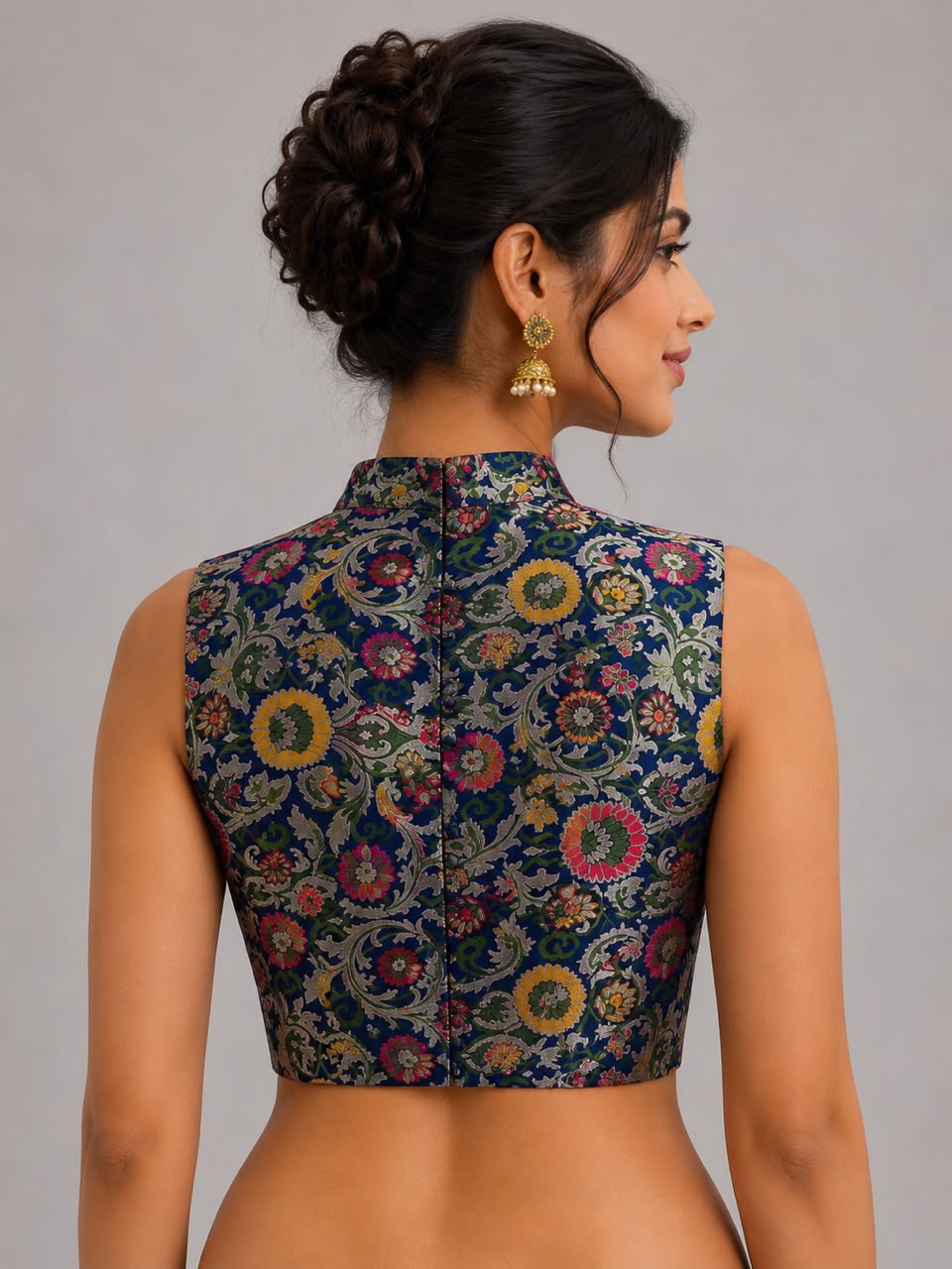 Blue Banarasi Kimkhwab Silk Blouse Meenakari Flower Bridal