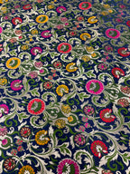 Blue Banarasi Kimkhwab Silk Fabric Meenakari Flower Bridal 1 Mtr