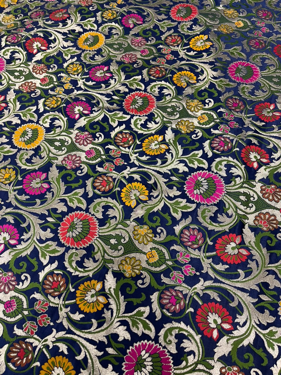 Blue Banarasi Kimkhwab Silk Fabric Meenakari Flower Bridal 1 Mtr