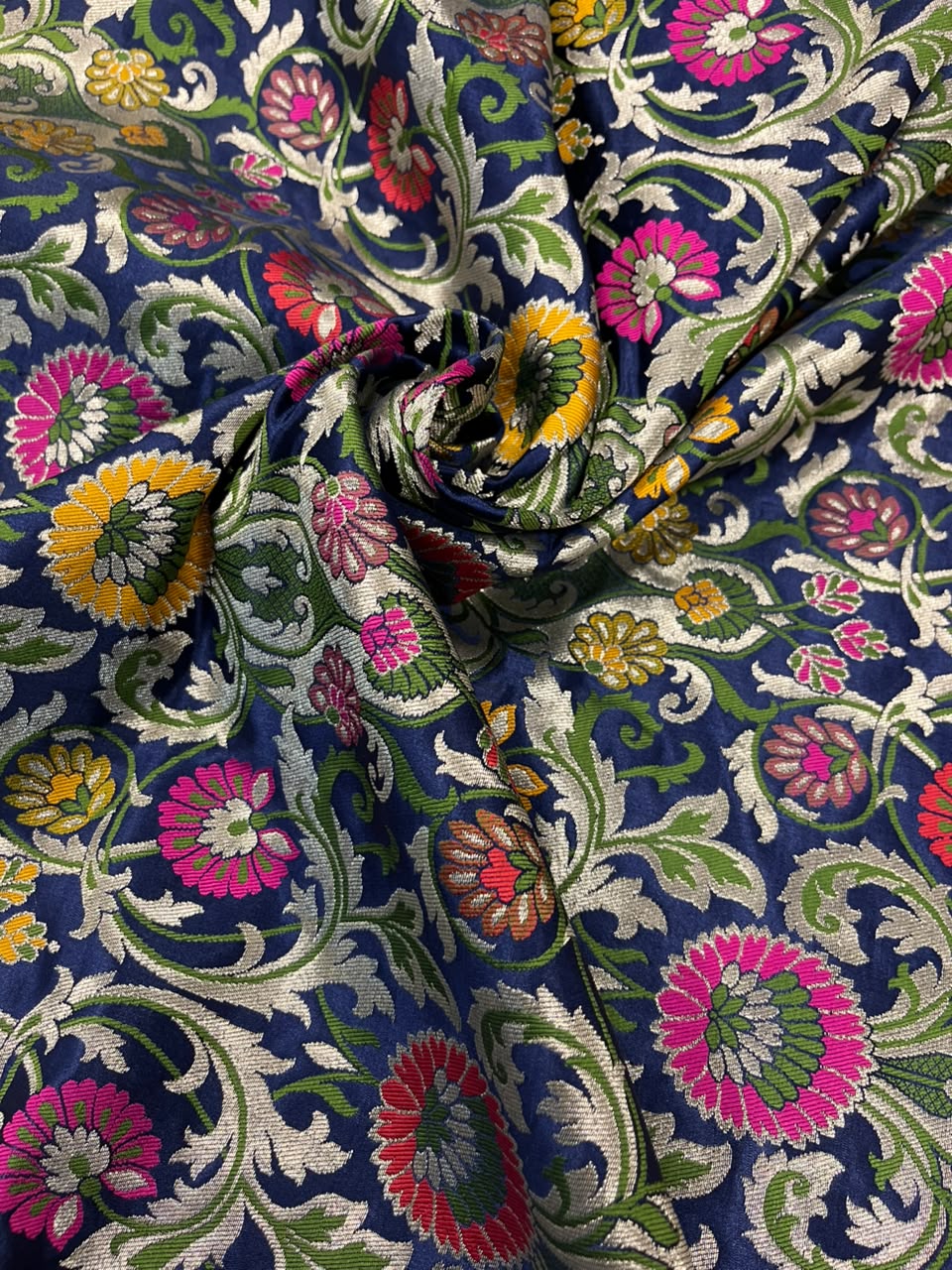 Blue Banarasi Kimkhwab Silk Fabric Meenakari Flower Bridal 1 Mtr