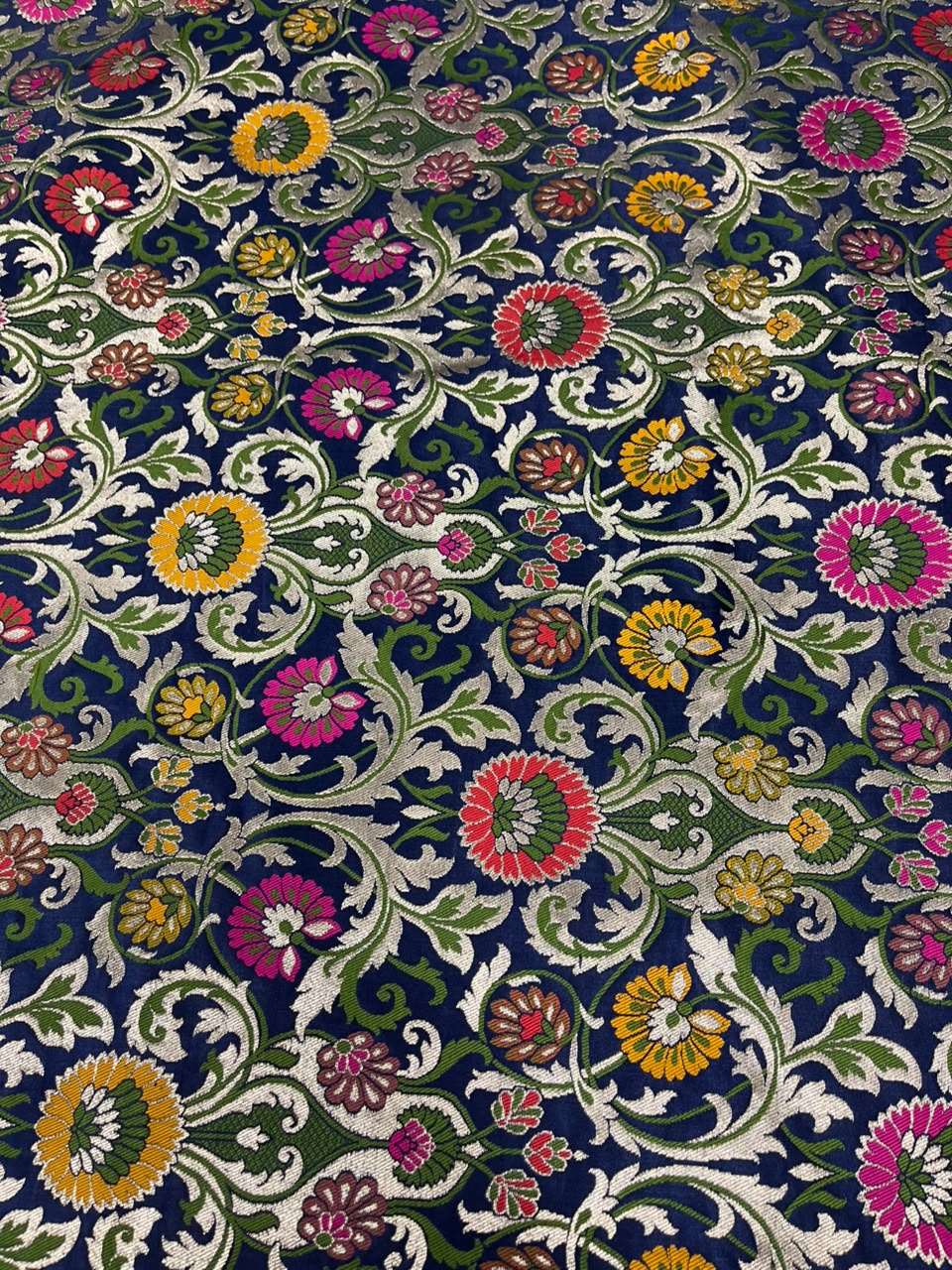 Blue Banarasi Kimkhwab Silk Fabric Meenakari Flower Bridal 1 Mtr