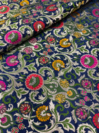 Blue Banarasi Kimkhwab Silk Fabric Meenakari Flower Bridal 1 Mtr