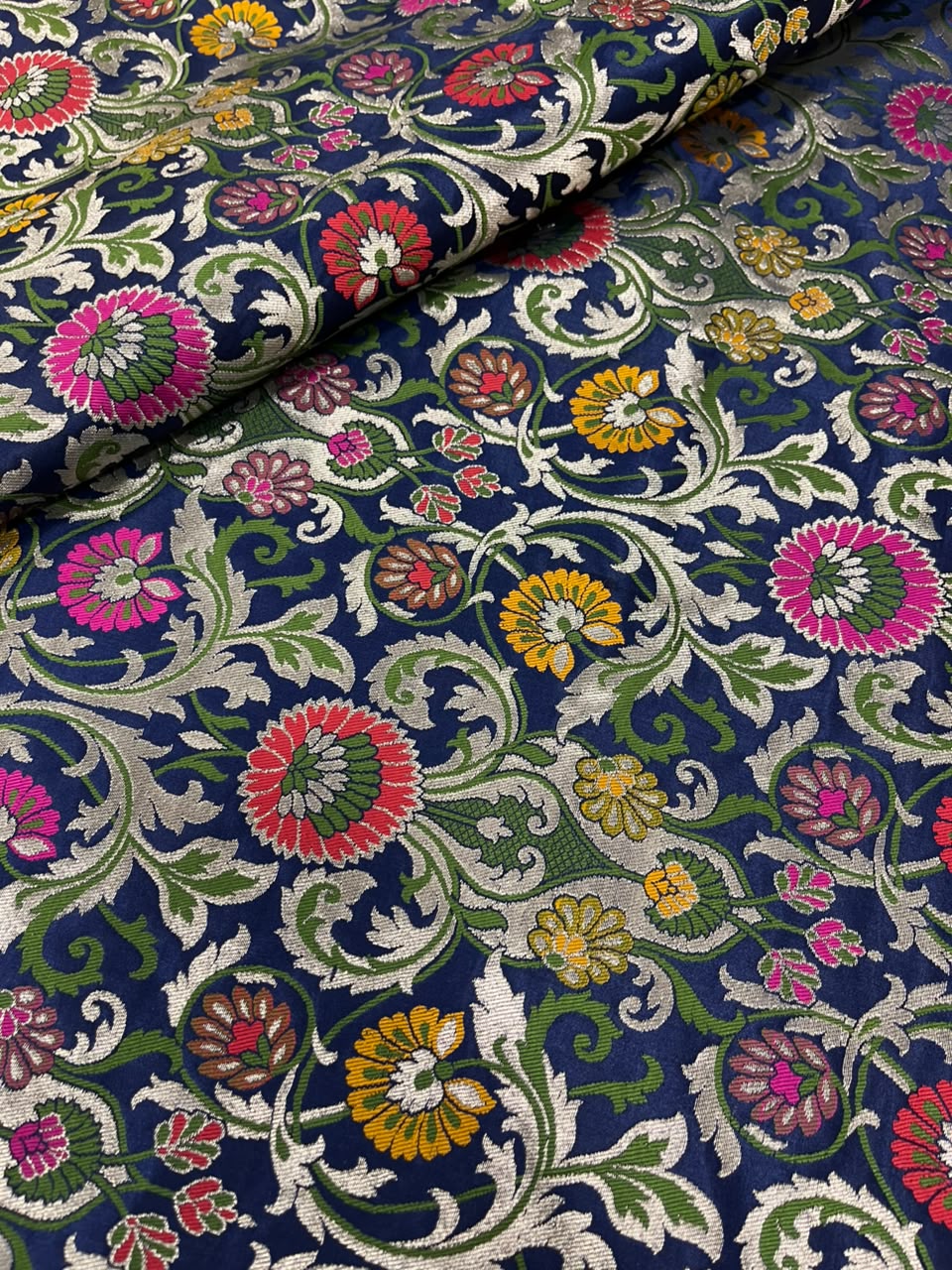 Blue Banarasi Kimkhwab Silk Fabric Meenakari Flower Bridal 1 Mtr