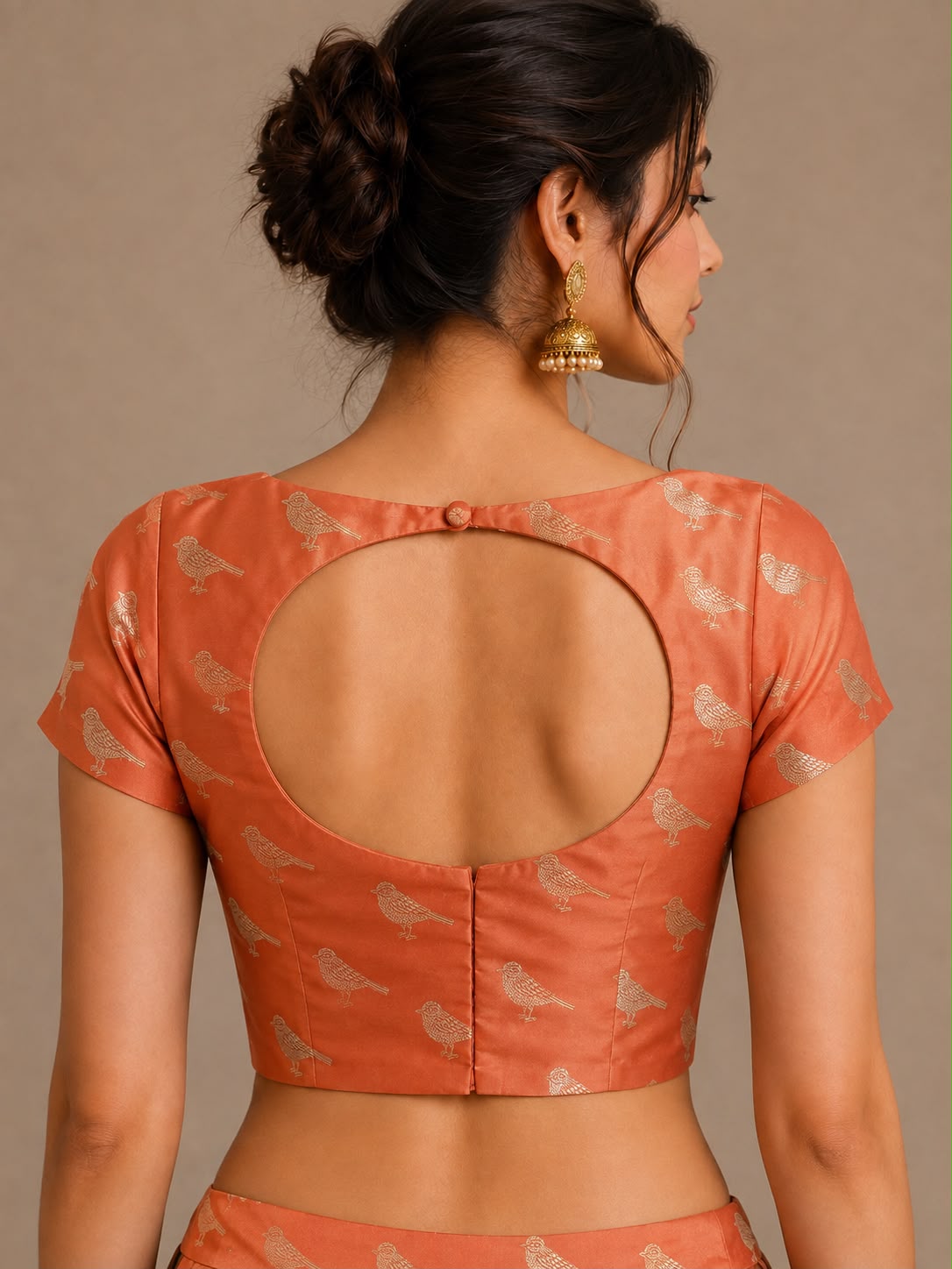 Peach Banarasi Mashru Silk Blouse Bird Design Festive Wear