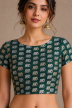 Green Banarasi Silk Blouse Elephant Design Sona Roopa Festive Wear
