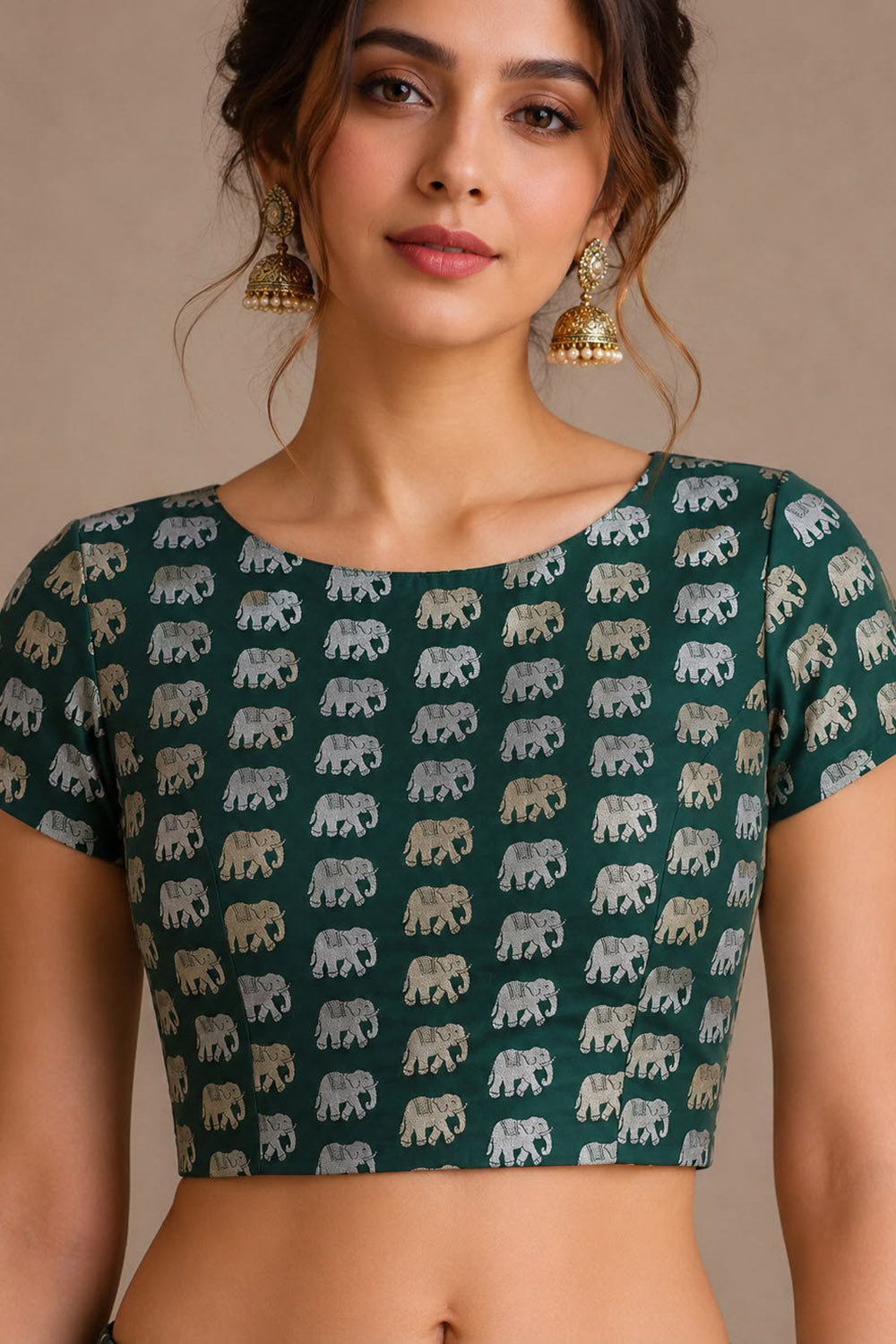 Green Banarasi Silk Blouse Elephant Design Sona Roopa Festive Wear